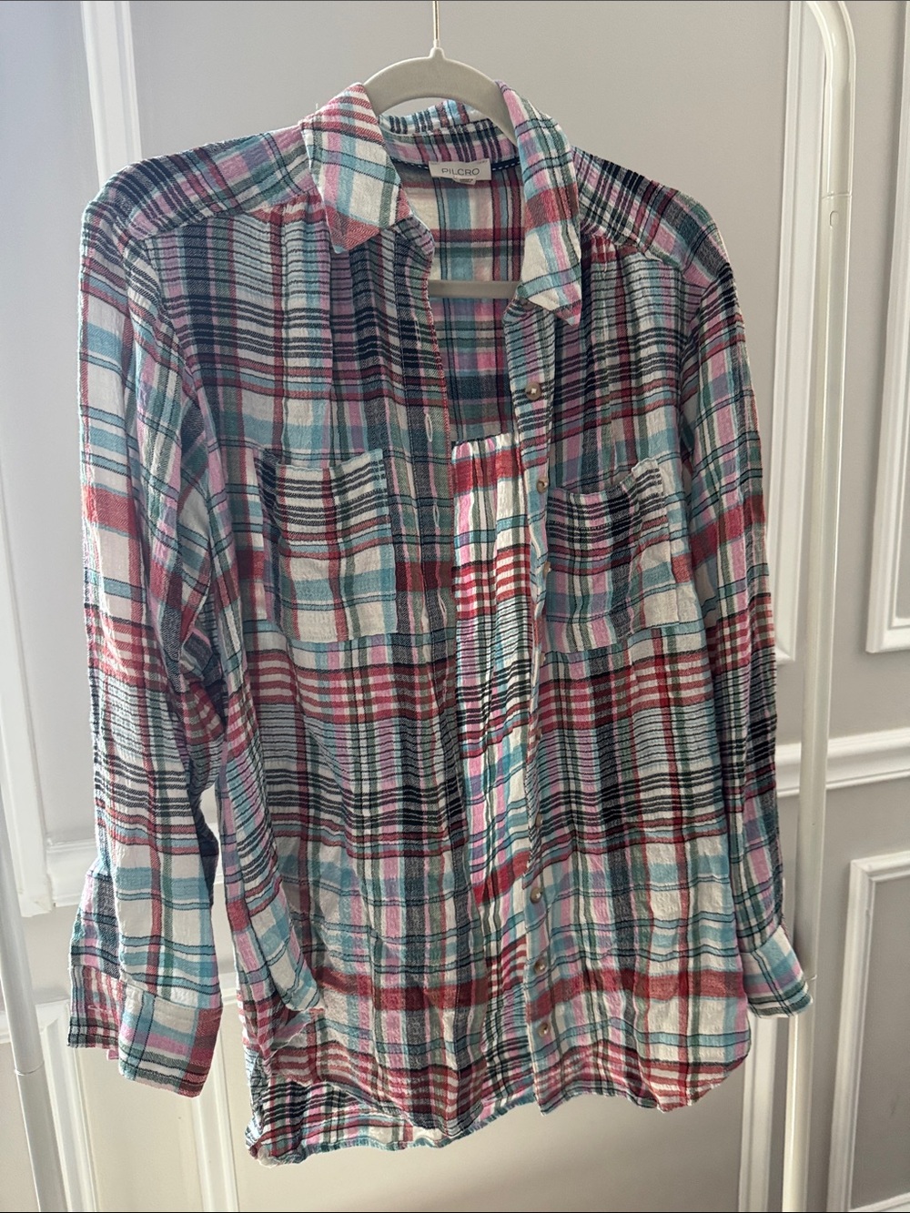Pilcro Plaid Button-Down Shirt in Pink & Teal